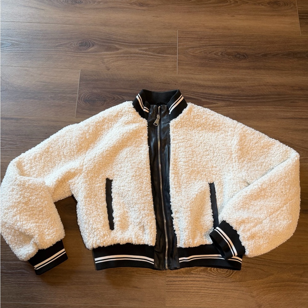 Anthropologie White and Black Sherpa Bomber Jacket